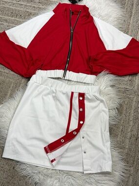 Red and White Two-Piece Active Skirt Set - Women